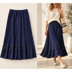 Nabee Navy Crinkle Maxi Skirt  Stretch Waist Lace Trim Boho Y2K Style Vintage